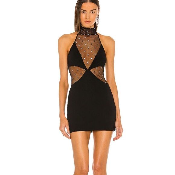 Dundas x Revolve Joey Black High Halter Neck Sleeveless Mesh Mini Dress XS NWT - Picture 1 of 6